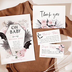Oh Baby Pink Halloween Baby Shower Invitation, Fall Baby Shower, Vampire Bat Baby Sprinkle, Coffin Invite, Editable PDF, Instant Download