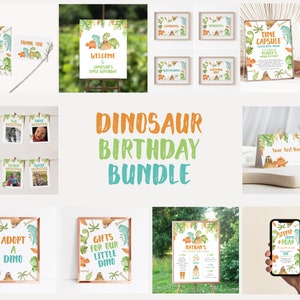 EDITABLE Boy Dinosaur Birthday Bundle, Dino-Mite Party Decorations, Stomp Chomp And Roar, T-Rex Party, Printable Invites, Instant Download