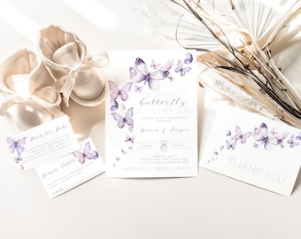 Może przedstawiać: Zaproszenie na baby shower z motywem fioletowego motyla. Zaproszenie zawiera napis "A little butterfly is on her way" oraz imiona "Tharia & Fergie", datę "April 25" i godzinę "2:00 pm". Zaproszenie zawiera również adres "3400 woodland park" oraz informacje o rejestracji "Registered at Target & Amazon".