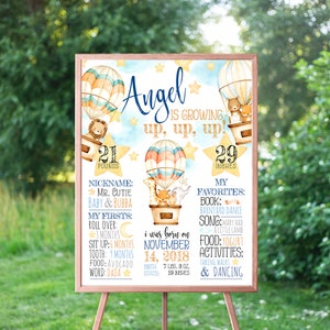 EDITABLE Hot Air Balloon And Animals Birthday Board, Growing Up Up Up Board, Birthday Milestone Board, First Birthday, Instant Download