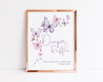 Butterfly Diaper Raffle Sign, Butterfly Kisses And Baby Wishes Diaper Raffle, Girl Baby Shower Sign, Editable PDF, Instant Download