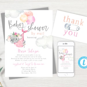 Invitación de baby shower de elefante floral por correo, baby shower de larga distancia, ducha de globos de niña por correo, PDF editable, descarga instantánea