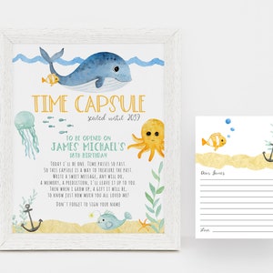 EDITÁVEL Under The Sea Time Capsule, sinal para impressão da cápsula do tempo, primeiro aniversário, Ocean Board, Whale Time Capsule, download instantâneo