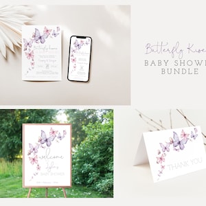 Butterfly Baby Shower Decoraties Bundel, Butterfly Kisses Signs, Uitnodiging, Welkom Poster, Tabel Voedseletiketten, Bedankt, Instant Download