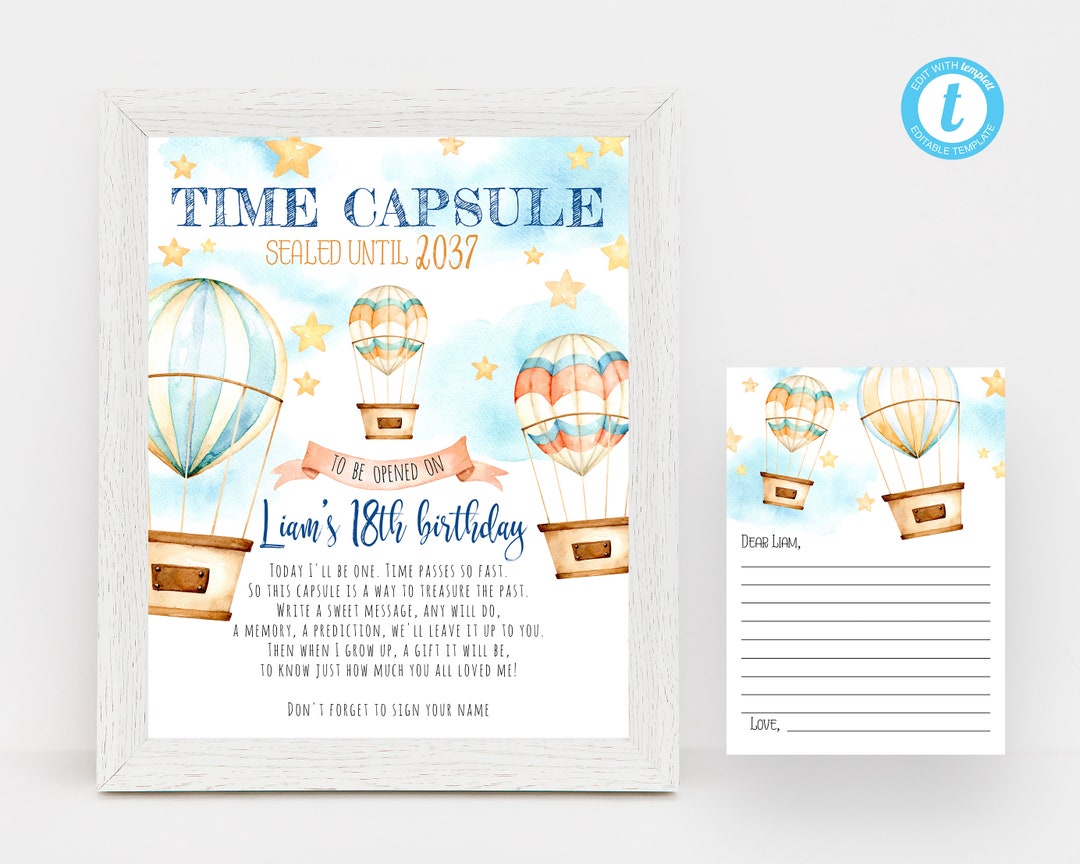 EDITABLE Hot Air Balloon Time Capsule, Printable Time Capsule Sign ...