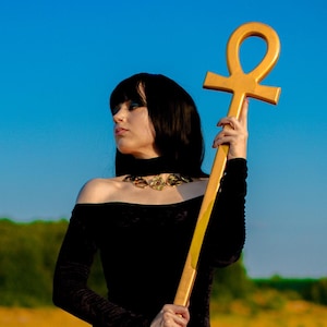 A Golden Ankh Staff,  Ancient Egypt cosplay, Egyptian cross staff,  Pharaoh stave, Costume accessory, Walking cane, Alder