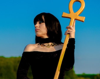 A Golden Ankh Staff,  Ancient Egypt cosplay, Egyptian cross staff,  Pharaoh stave, Costume accessory, Walking cane, Alder