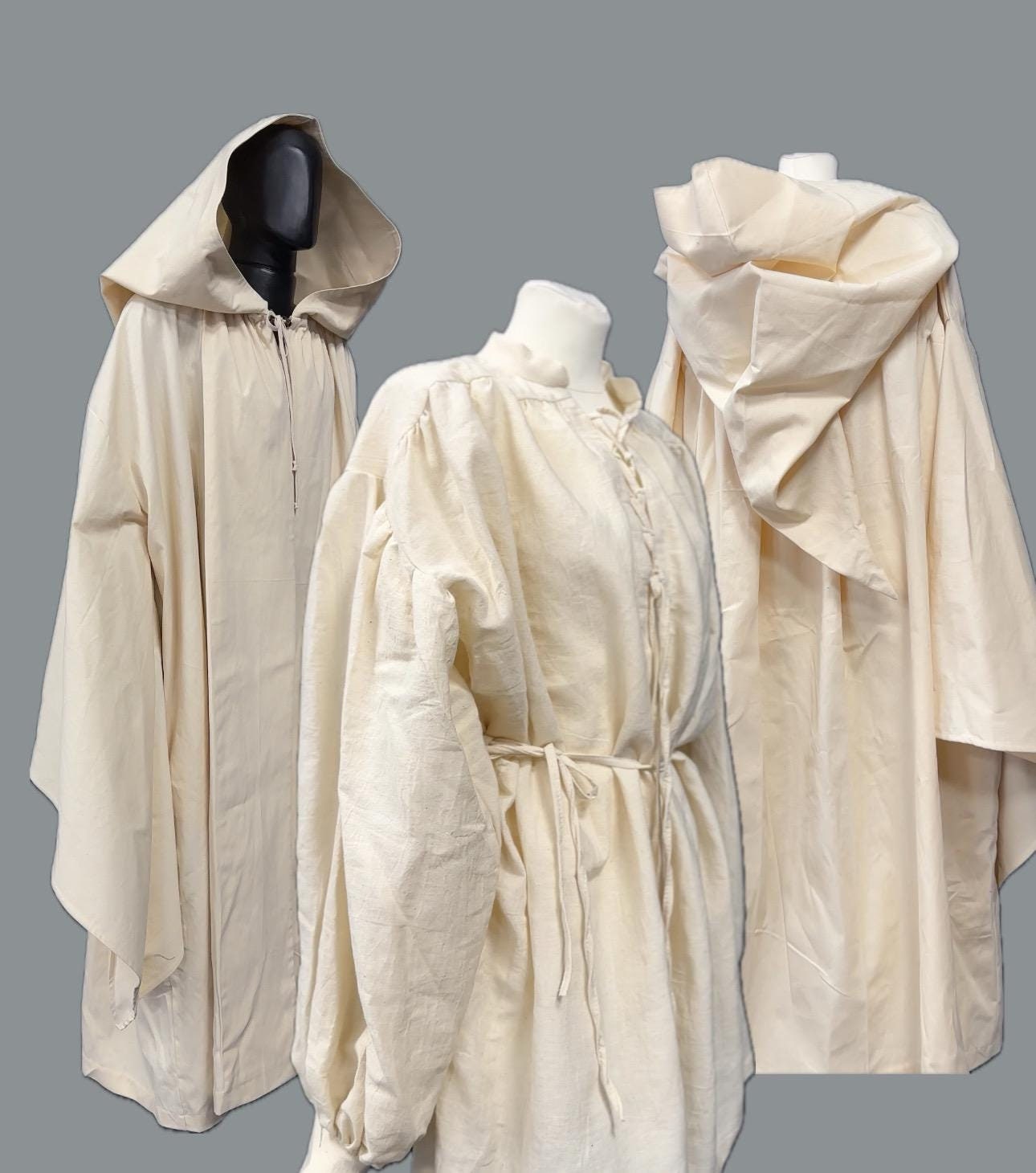 Umhang und Tunika Buttercreme mit Kapuze, Zaubererkostüm, Zaubererrobe, Zauberumhang, Cosplay, Kostüm, Überwurf, Gewand, Magiertunika, Hexenmeisterrobe