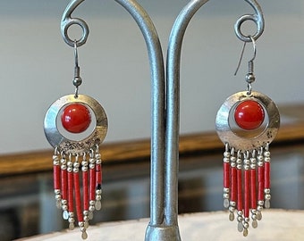 Vintage Southwestern Sterling Silver and Genuine Coral Beaded Fringe Dangle Drop Earrings Native American Style