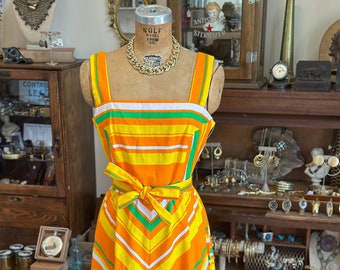 Vintage New Old Stock Deadstock Malia Honolulu Hawaii Bright Vibrant Yellow Orange Green and White Chevron Striped Dress with Belt