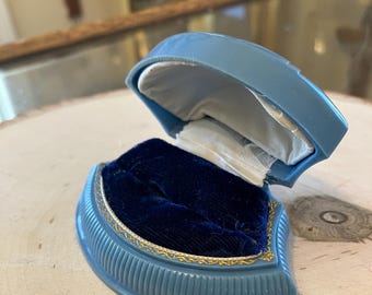 Vintage blauwe celluloid ringdoos art deco bruiloft voorstel diamanten verlovingsring doos diep kobaltblauw fluweel antieke landgoed sieraden display