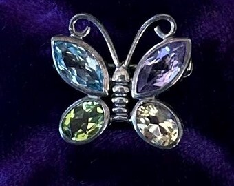 Vintage Sterling Silver Multicolor Faceted Glass Rhinestone Mini Butterfly Brooch