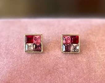 Vintage 1980s Signed GIVENCHY Square Gold Tone Pink & Purple Faceted Crystal Stud Earrings