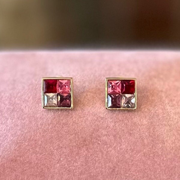 Vintage 1980s Signed GIVENCHY Square Gold Tone Pink & Purple Faceted Crystal Stud Earrings