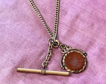 Vintage Signed Automade Sterling Silver Gold Plated with Antique Carnelian Intaglio Soldier Pendant Necklace 24.5” Victorian Fob