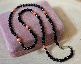Vintage Hand Knotted Salmon Coral & Black Onyx Beaded Necklace with 800 Silver Gold Tone Clasp