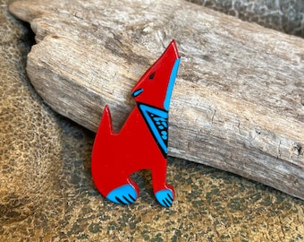 Vintage Red & Blue Southwest Howling Dog Wolf Painted Wood Pin Brooch