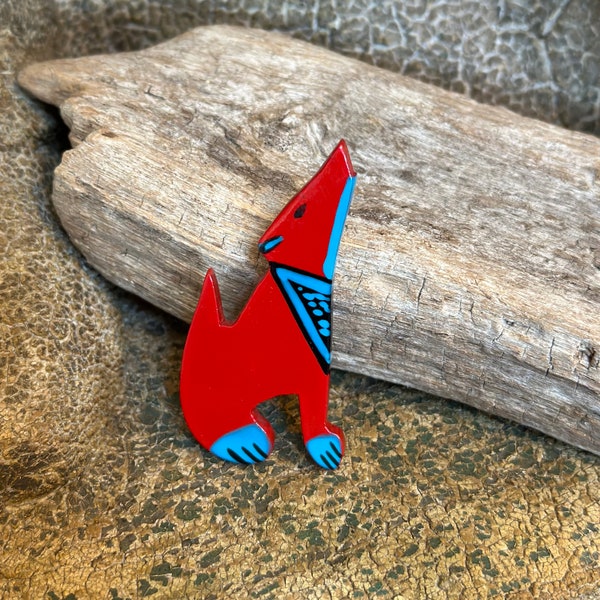 Vintage Red & Blue Southwest Howling Dog Wolf Painted Wood Pin Brooch