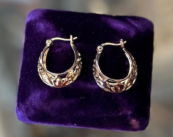 Vintage Gold Plated Sterling Silver 925 Cut Out Design Hoop Earrings Hoops