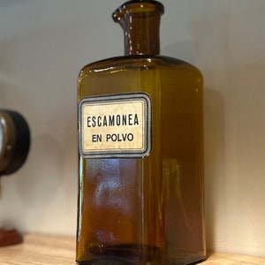 Vintage Brown Colored Glass Medical Herbal Apothecary Bottle Escamonea en Polvo Antiparasitic Label 8.75 image 4
