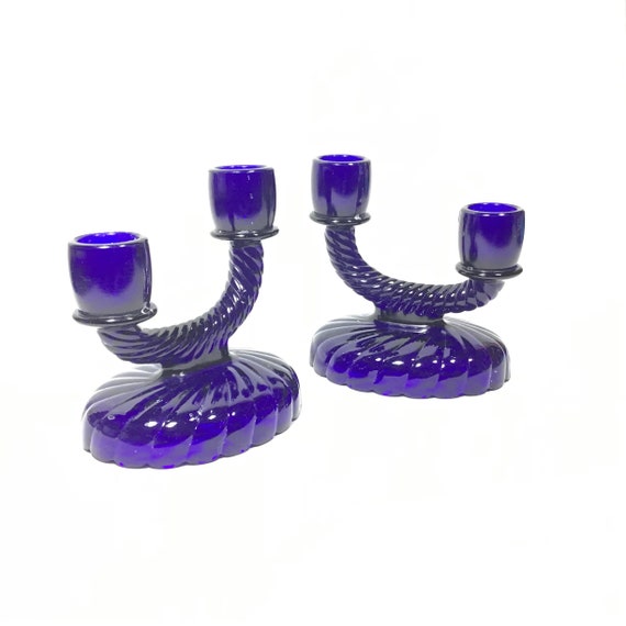Imperial Glass Cobalt Blue Candle Holder Twin Pillar Flute Etsy