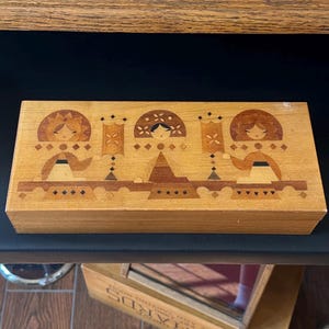 Vintage 1980s USSR Russian Wooden Marquetry Inlay “Three Girls Under the Window” Rectangular Hinged Box 11.9x4.9”