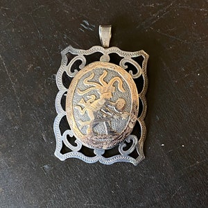 900 Silver 9K Gold Pin Brooch Pendant Guatemala Warrior Tribal Hand Stamped Design Rectangular Shape Vintage