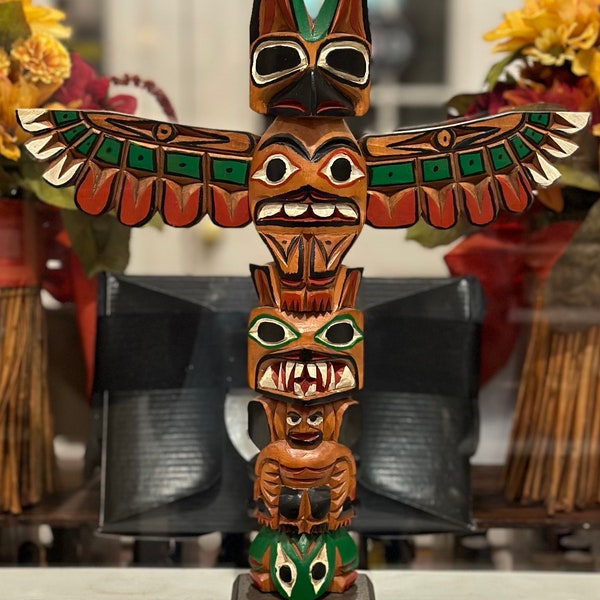 Vintage Thunderbird Totem Pole by Ray Williams Hand Carved 1950s Signed RARE 13” Tall