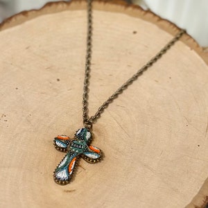 Vintage Antique Italian Glass Micro Mosaic Cross Roma Pendant Necklace 1/20 12k Gold Filled Chain 25”