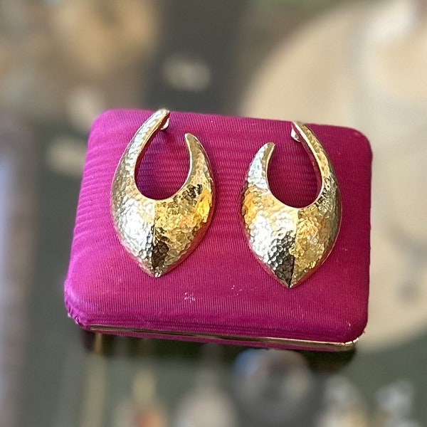 Vintage 1980s Signed GIVENCHY Gold Tone Hammered Abstract Modernist Drop Pierced Earrings