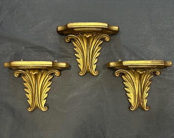 1 pc Vintage Midcentury Hollywood Regency Gold Painted Terracotta & Wood Wall Shelf
