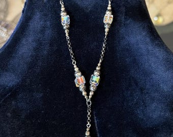 Vintage Sterling Silver Faceted Aurora Borealis Square Bead Lariat Necklace 16"