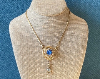 VINTAGE Mid-Century Gold-Plated Blue Crystal and Clear Rhinestone Pendant Necklace
