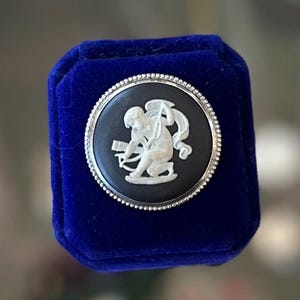 Vintage Circa 1967 Signed Wedgwood England Silver Black & White Jasperware Cupid Stringing His Bow Cameo Brooch 1960s