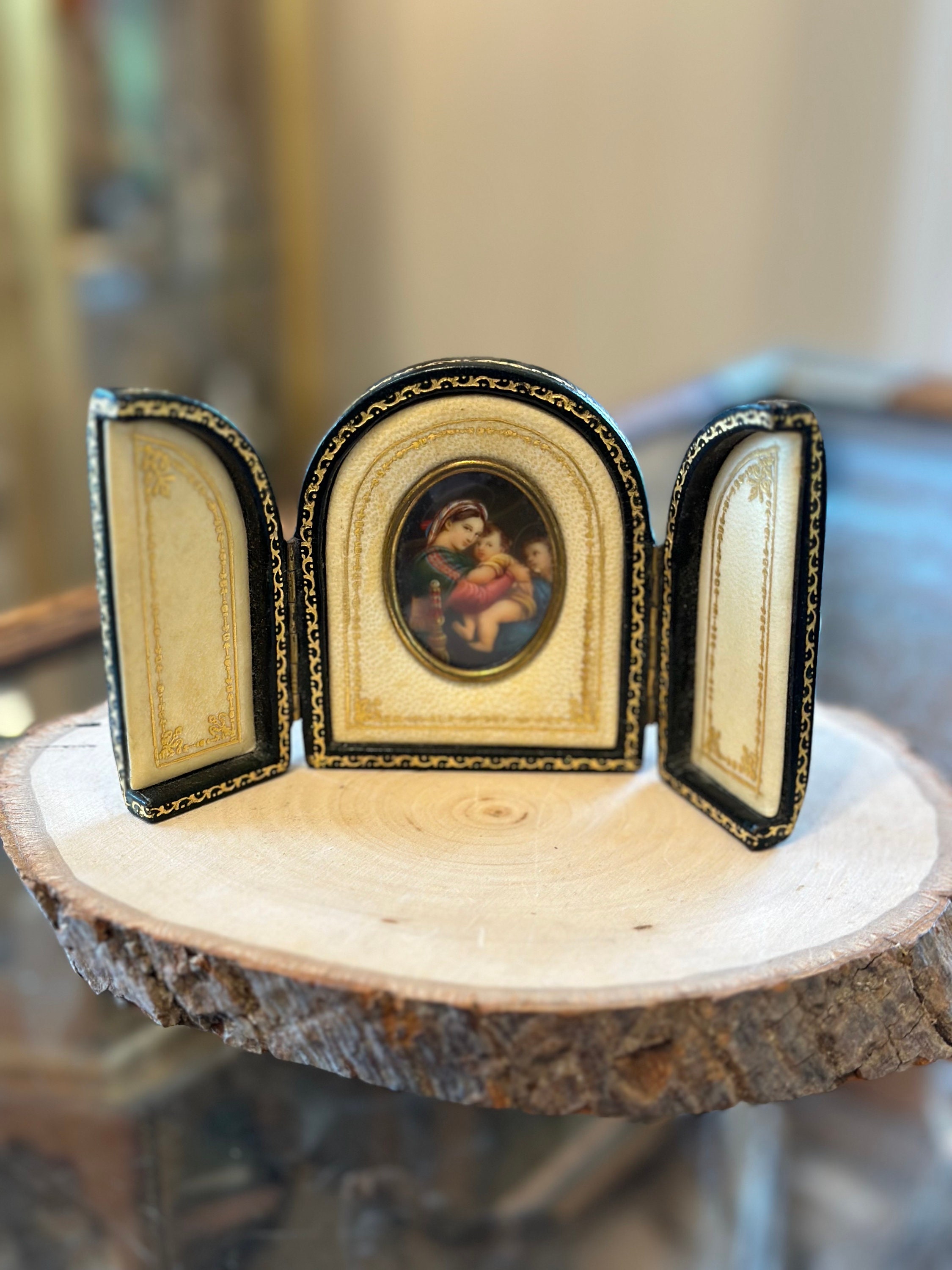 Vintage Madonna of the Chair Hand Painting Miniature Leather