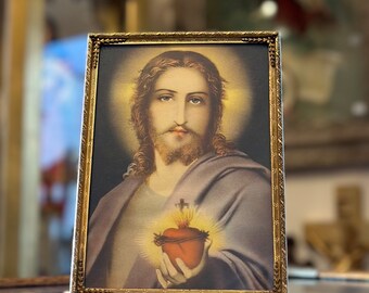 Vintage 1960s Gold Tone Framed Print of Jesus Holding Sacred Heart Rare Pose 5x7