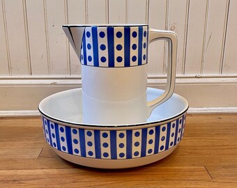 Belgium Pottery 1920s Antique Art Deco Bowl & Pitcher Set Blue and White