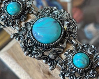 Vintage 1950s Chunky Ornate Wide Link Faux Turquoise Bracelet