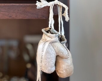 Vintage New York Souvenir White & Brown Leather Boxing Gloves Miniature