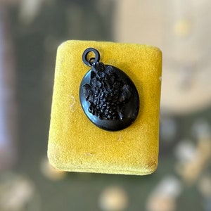 Antique Victorian Gutta Percha Grapes w/ Leaves Mourning Locket Pendant Etched