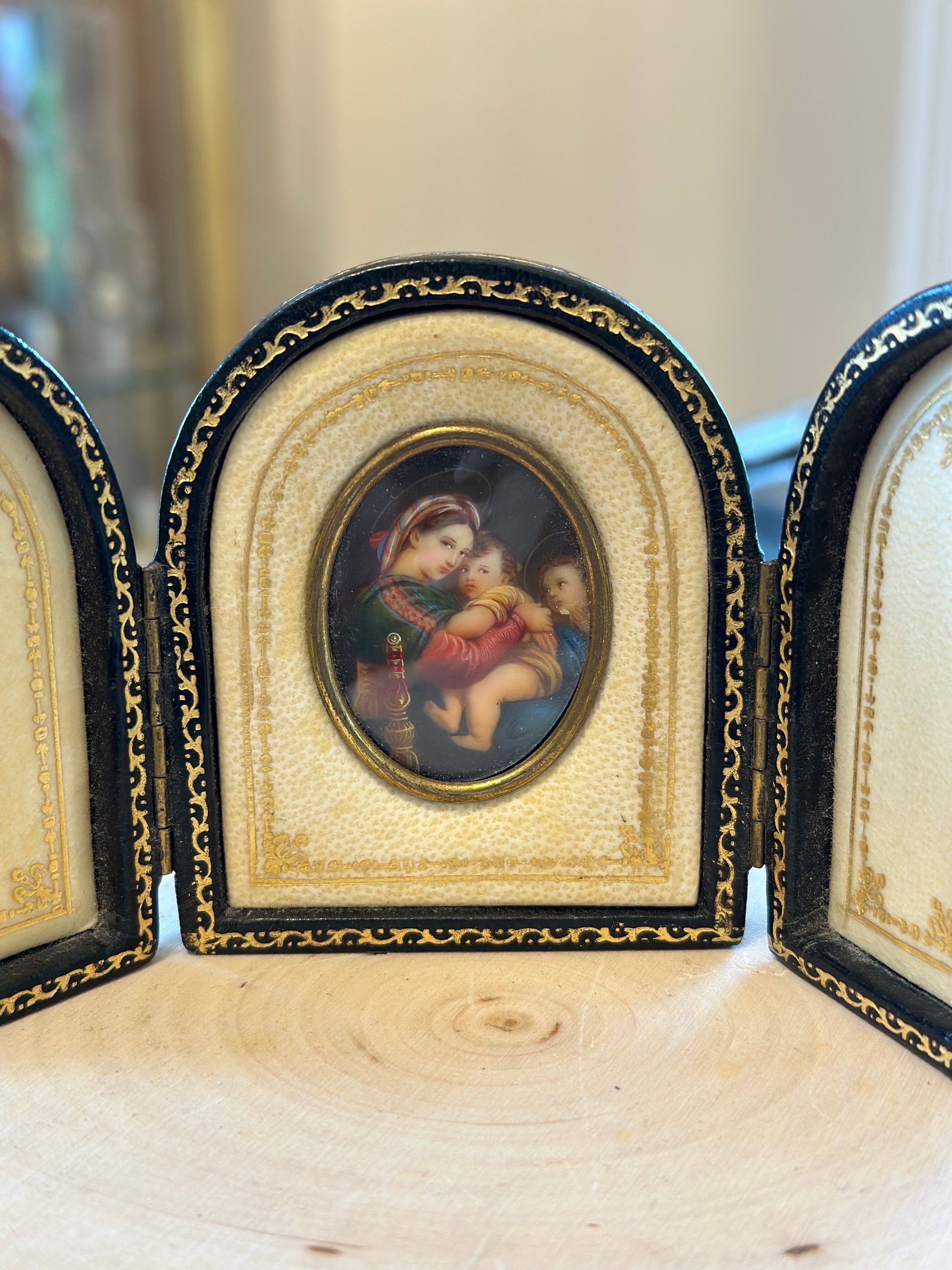 Vintage Madonna of the Chair Hand Painting Miniature Leather
