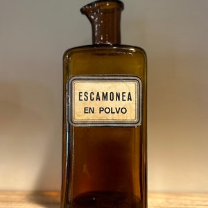 Vintage Brown Colored Glass Medical Herbal Apothecary Bottle Escamonea en Polvo Antiparasitic Label 8.75 image 2