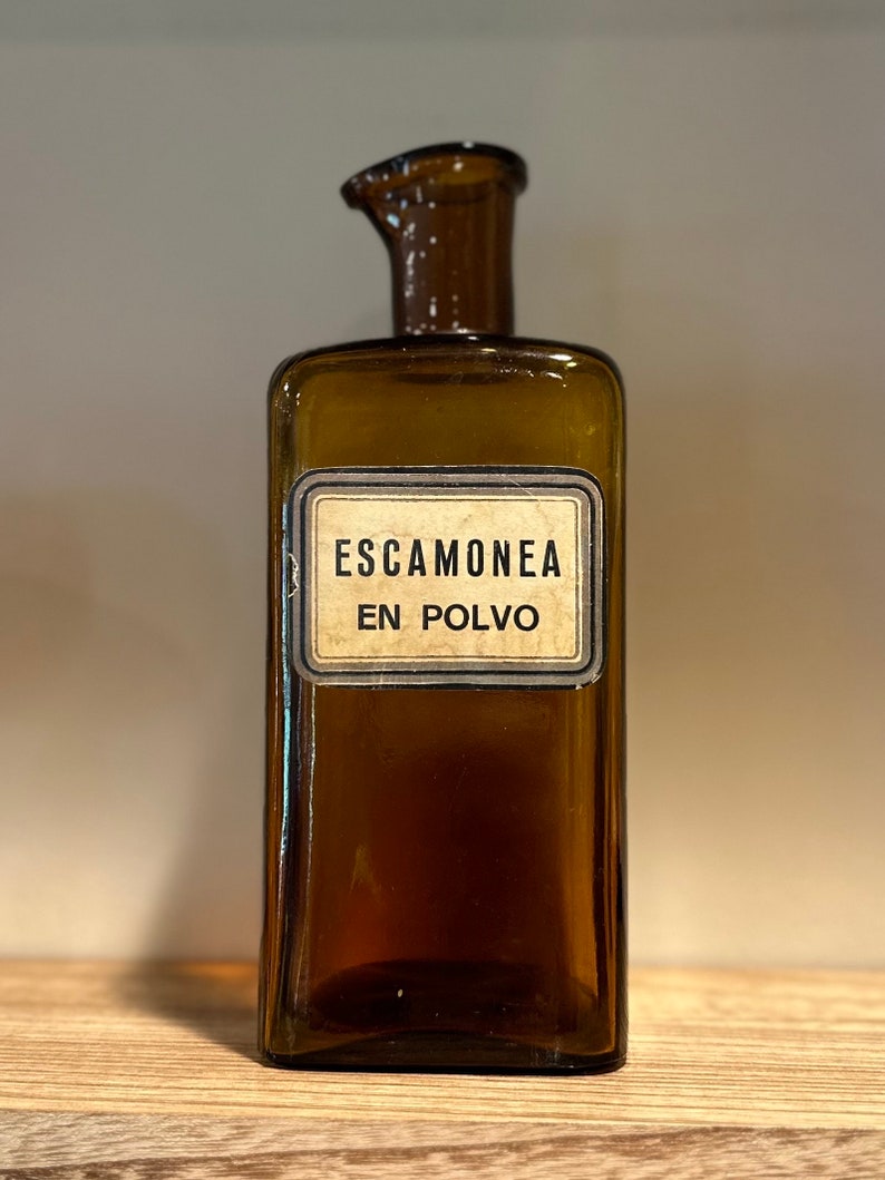 Vintage Brown Colored Glass Medical Herbal Apothecary Bottle Escamonea en Polvo Antiparasitic Label 8.75 image 2