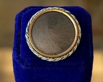 Antique Mourning Brooch Hair Jewelry Light Blue Enamel Round Pin w/ C Clasp