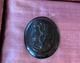 Antique Carved Bog Oak Cameo Pin Victorian Mourning Brooch Facing Left