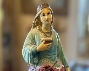 Vintage St. Lucy Chalkware Statue Patron Saint of the Blind Eyes on Platter 11.5"