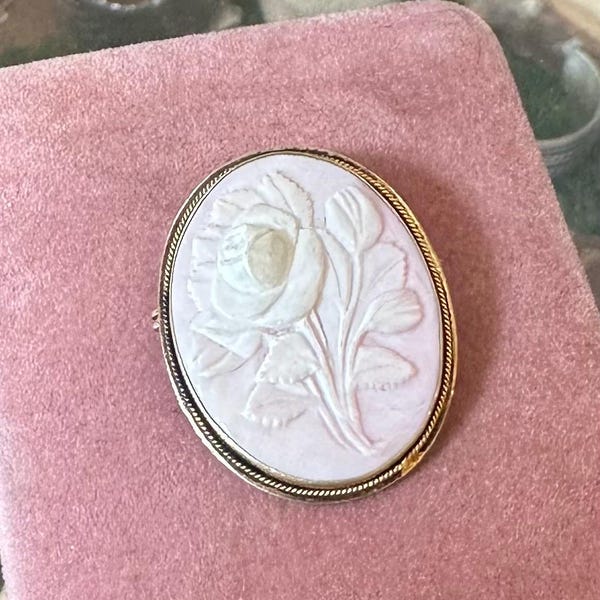 Pink Conch Shell Vintage Antique Hand Carved Blooming Rose Cameo 800 Silver Pendant & Brooch