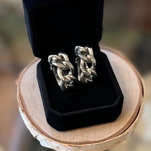 Vintage YSL Yves Saint Laurent Gunmetal Chain Link Design Silver Tone Clip-on Earrings Semi-Hoop