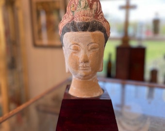 Vintage Terracotta or Plaster Bust Buddha Guanyin Quan Yin Wood Base Asian Art Decor