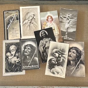 LOTE de 9 tarjetas funerarias religiosas vintage de los años 1920-1940 / Efímera religiosa oscura gótica Segunda Guerra Mundial